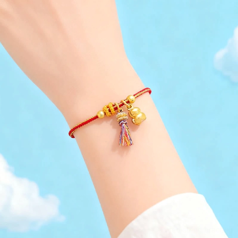 Handmade braided red string horse lucky bracelet detail shot