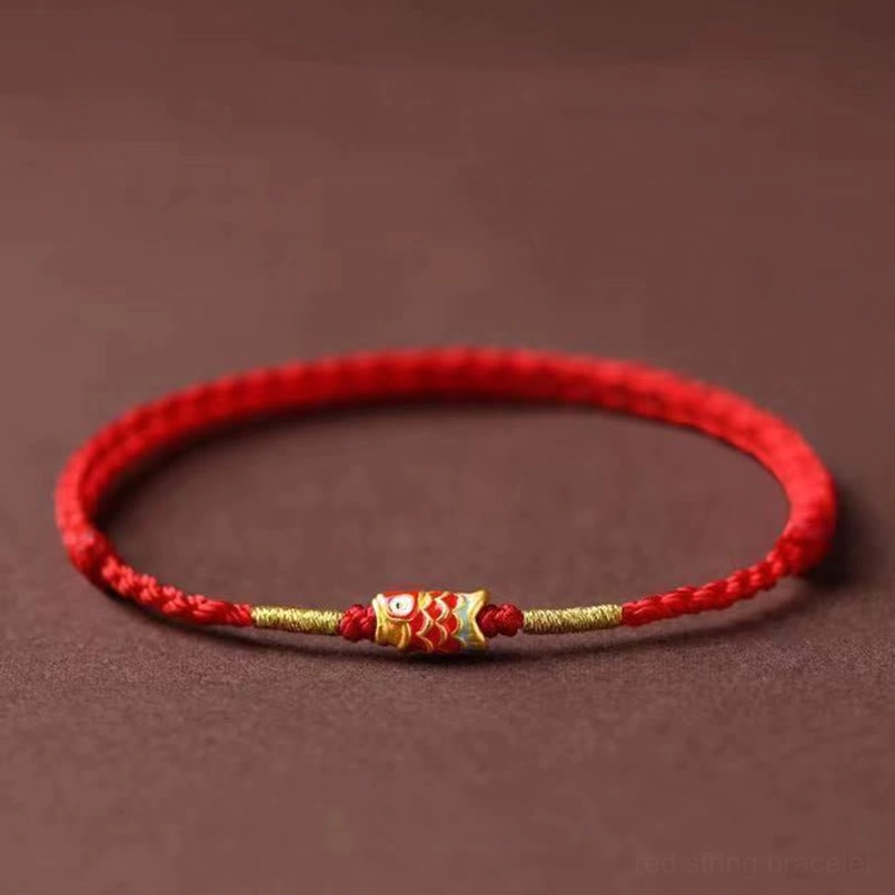 Handmade Braided Red String Koi Fish Bracelet Flat Lay View