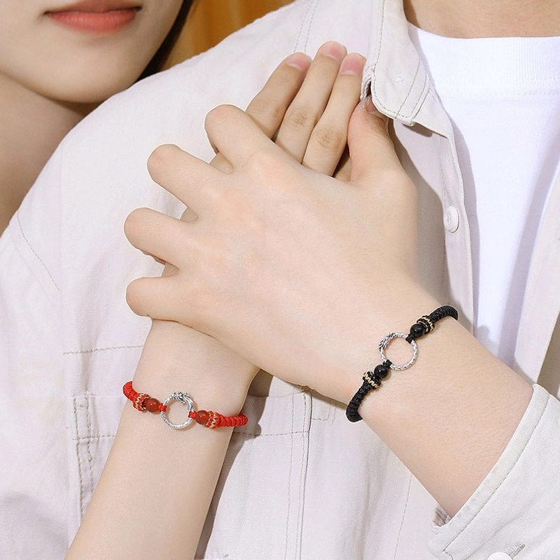 Handmade dragon phoenix couple bracelet set - red cord and black cord styling