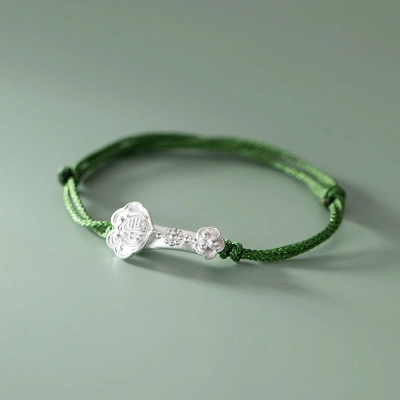 Handmade green string bracelet with 999 sterling silver fu character ruyi charm