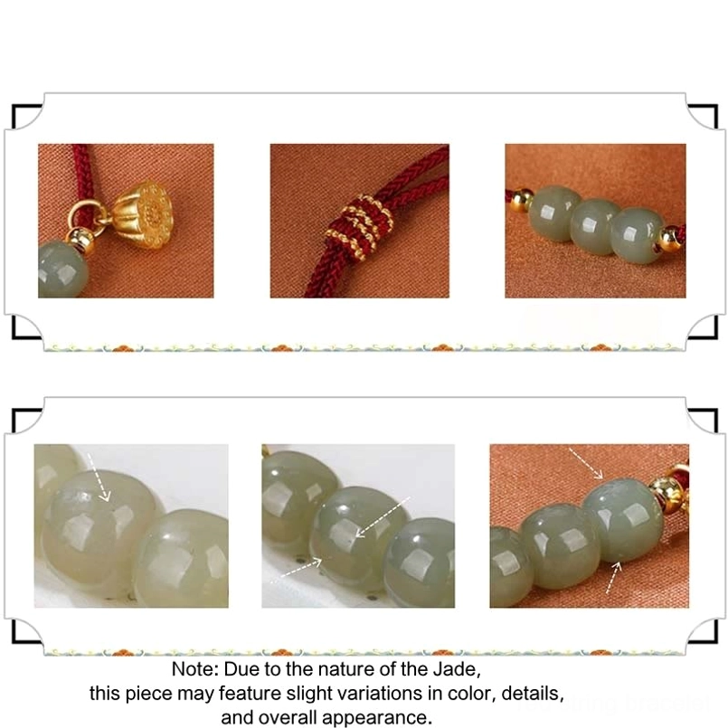 Hetian jade bracelet details showing adjustable knot, natural jade variations and charm