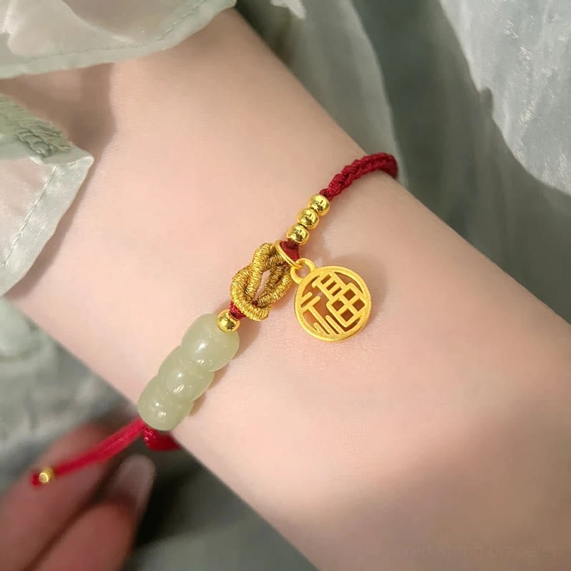 Premium handmade red rope jade bracelet with fu character gold charm adjustable fit
