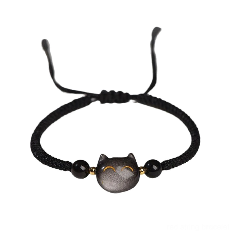 Handmade Silver Sheen Obsidian cat bracelet with premium black cord and adjustable knot closure