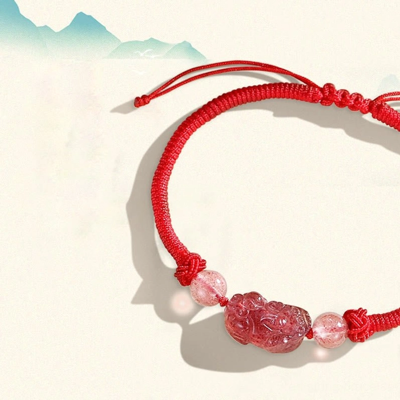 Pixiu red string bracelet handmade natural stone genuine obsidian strawberry quartz