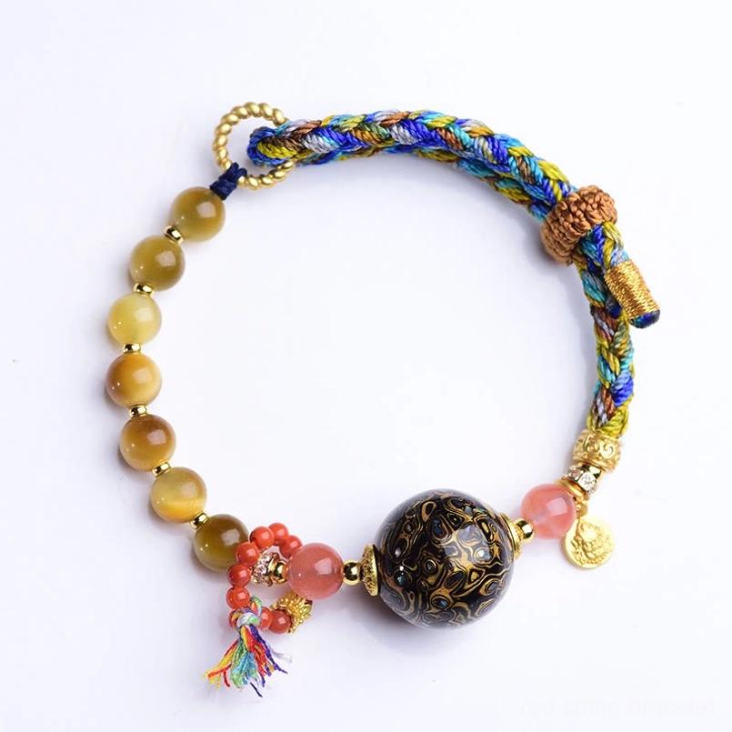 Hand woven protection red string bracelet with Tibetan lacquer bead and multi stone beads