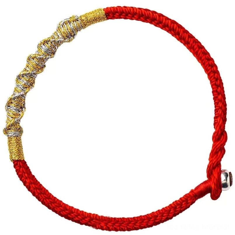 Full circle woven red string bracelet with twisted gold-silver decoration and dual metal fasteners