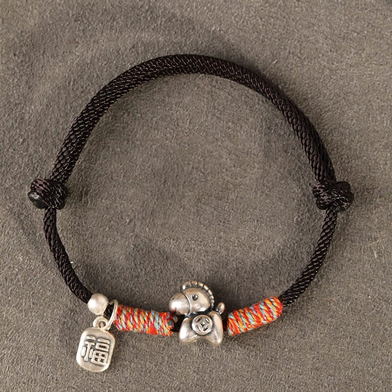 Red string Year of the Horse fu character sterling silver handmade bracelet natural cord texture