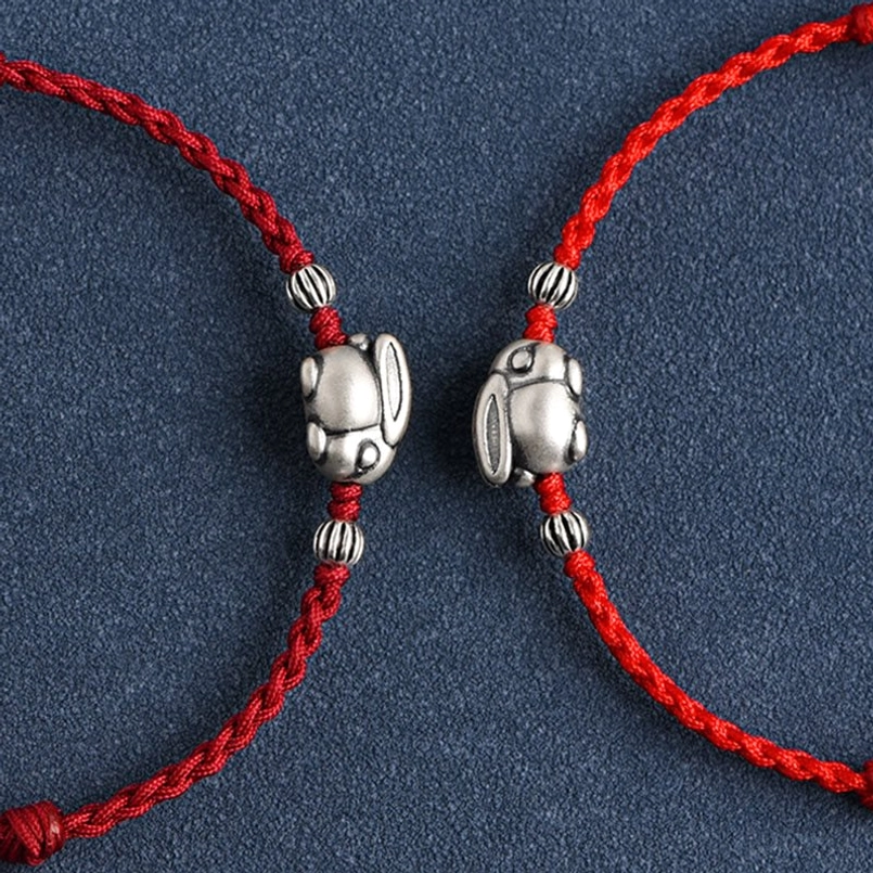 Handmade red string bracelet with silver rabbit pendant spiritual protection