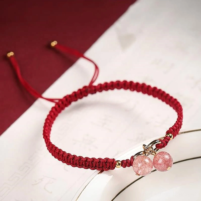 Handmade Strawberry Quartz Bracelet - Red Braided Cord with Crystal Pendants