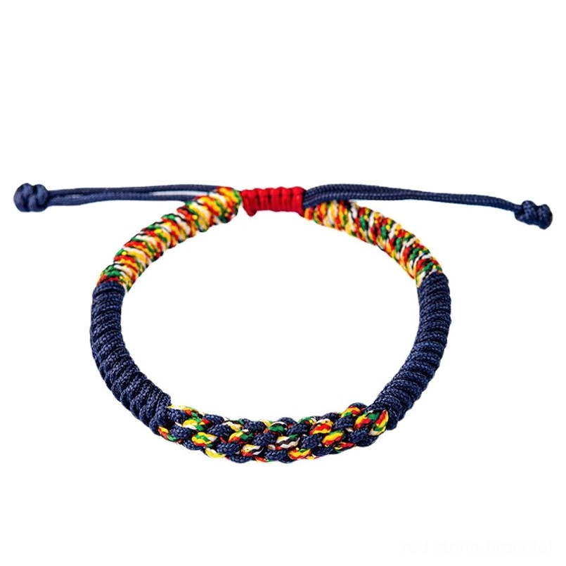 Handmade Tibetan King Kong Knot string bracelet showing adjustable drawstring closure