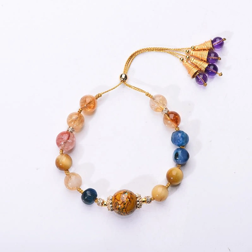 Tibetan lacquer bead handwoven bracelet with natural crystal combination closeup
