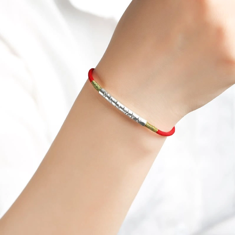 Handmade Tibetan Om Mani Padme Hum protection bracelet red cord with silver mantra bead spiritual jewelry