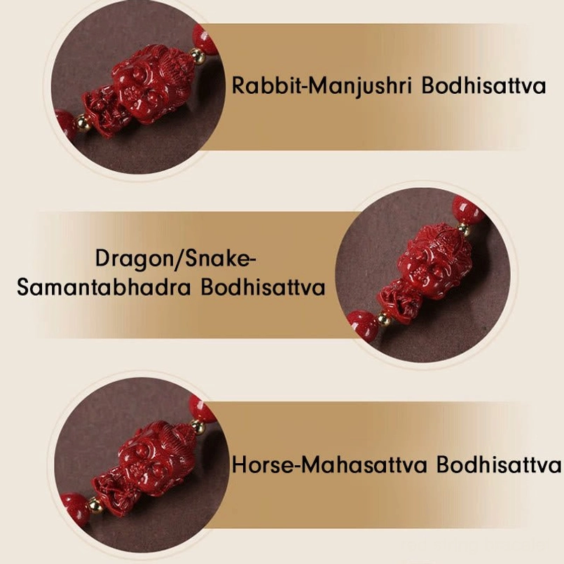Handmade zodiac natal Buddha bracelet natural cinnabar materials close-up