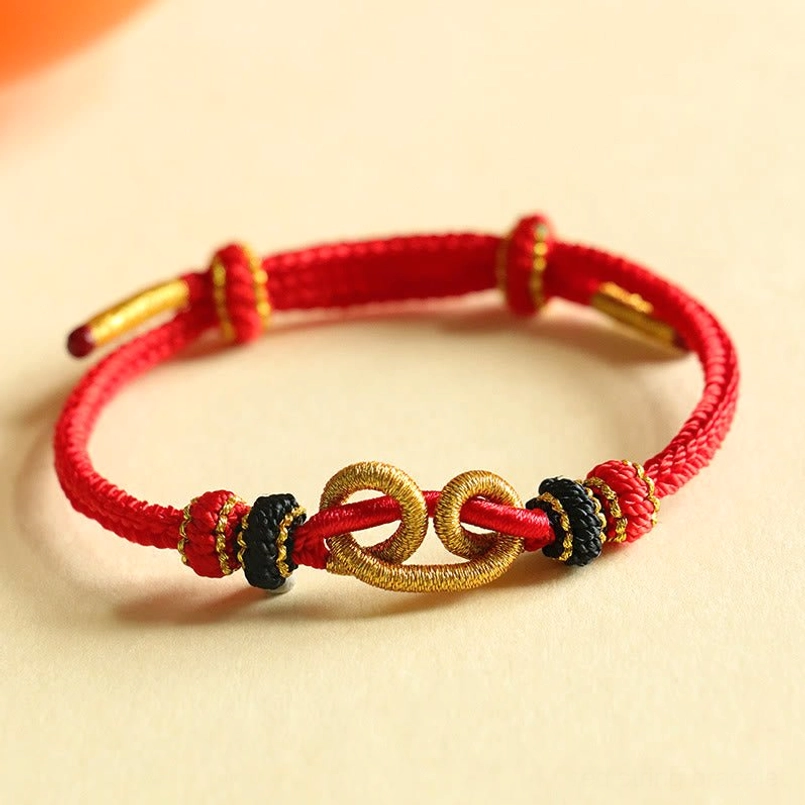 Red String Bracelet With Golden Double Circular Ingot Knot Design