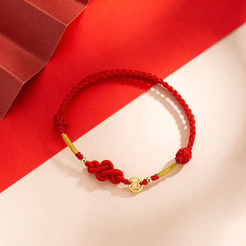 Ruyi Knot Red String Bracelet With Lucky Copper Coin Charm Front Side View