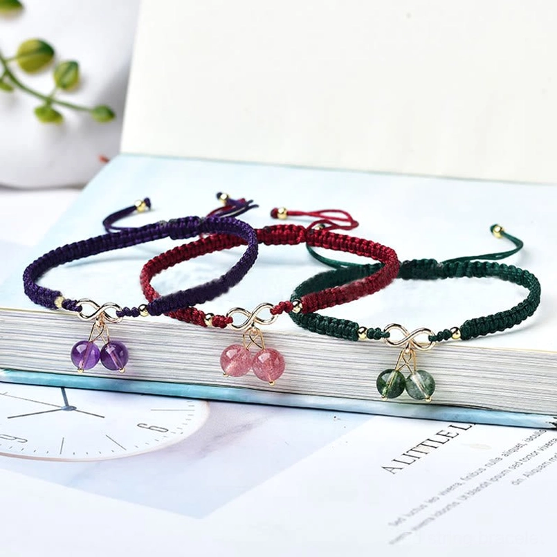 Three-Stone Healing Bracelet Collection - Red String with Natural Crystals Display