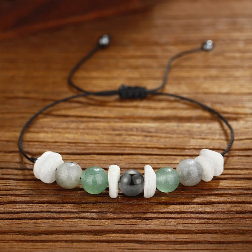 Menopause relief healing bracelet with labradorite white moonstone and green aventurine side view
