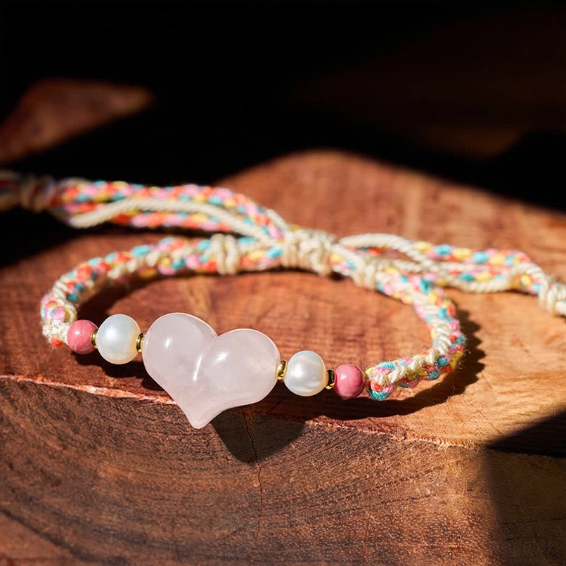 Heart Shaped Pink Crystal Braided Red String Bracelet Side Overhead View