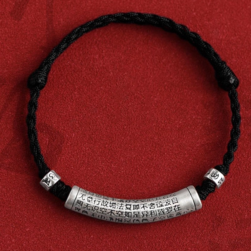 Black woven rope Heart Sutra bracelet with 999 sterling silver carved pendant