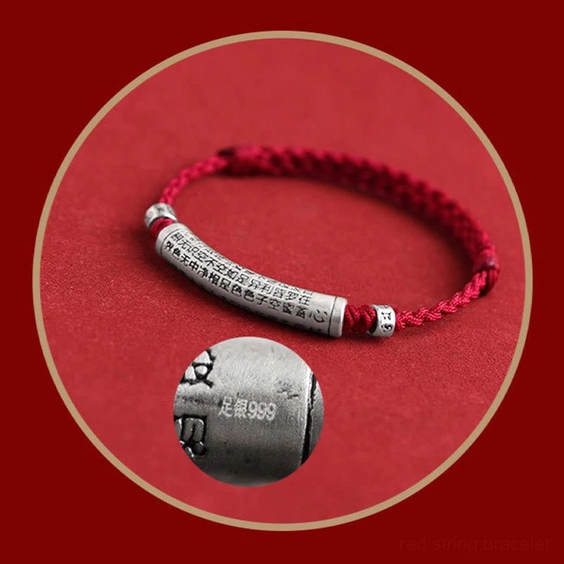 Handmade Buddhist mantra bracelet with intricate woven rope and 999 sterling silver carving