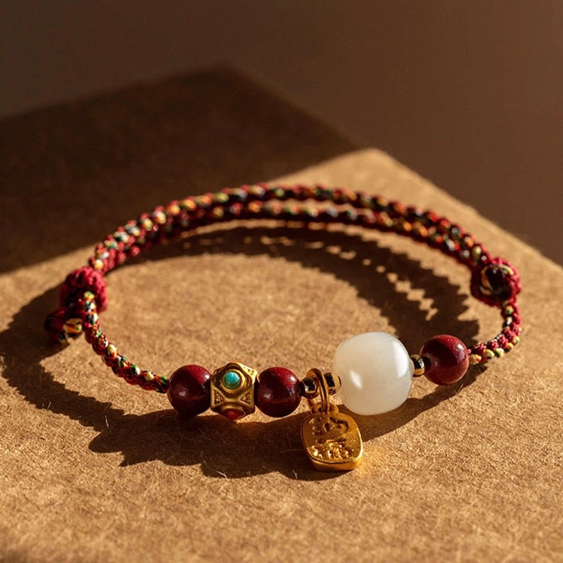 Cyan hetian jade prosperity bracelet with five-colored braided string size variation reference