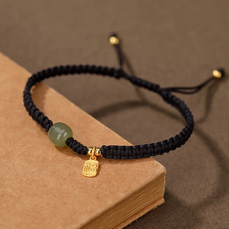 Hetian jade blessing bracelet fu charm with gold plating - spiritual symbol detail