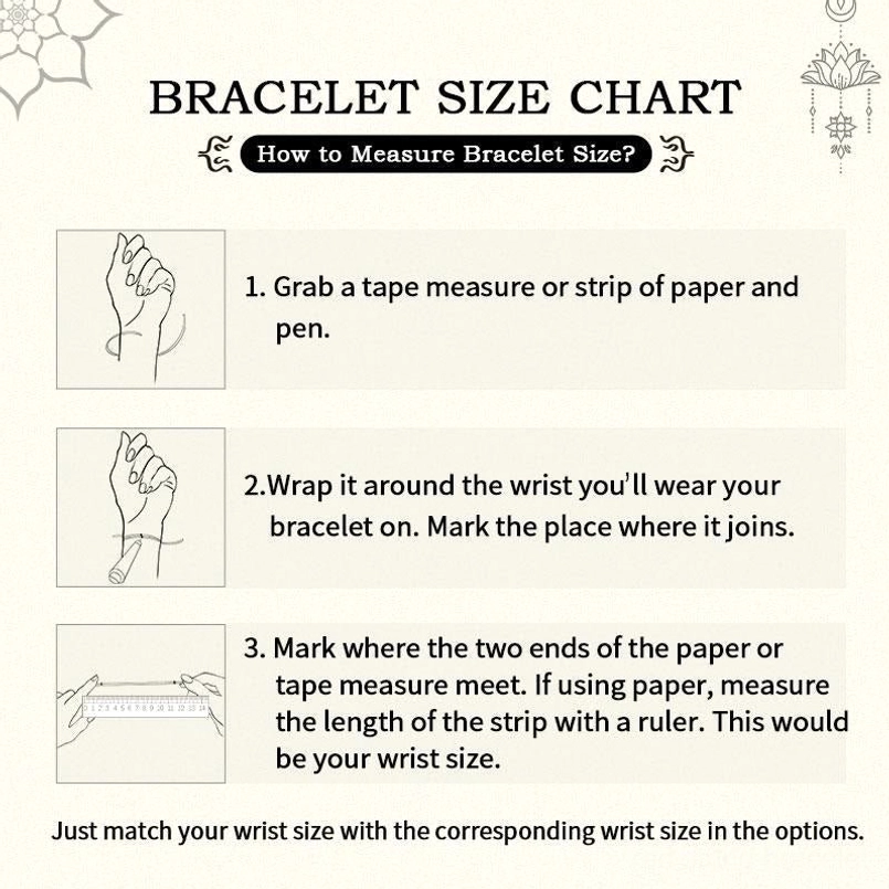 Bracelet size measurement guide showing how to measure wrist circumference for perfect fit