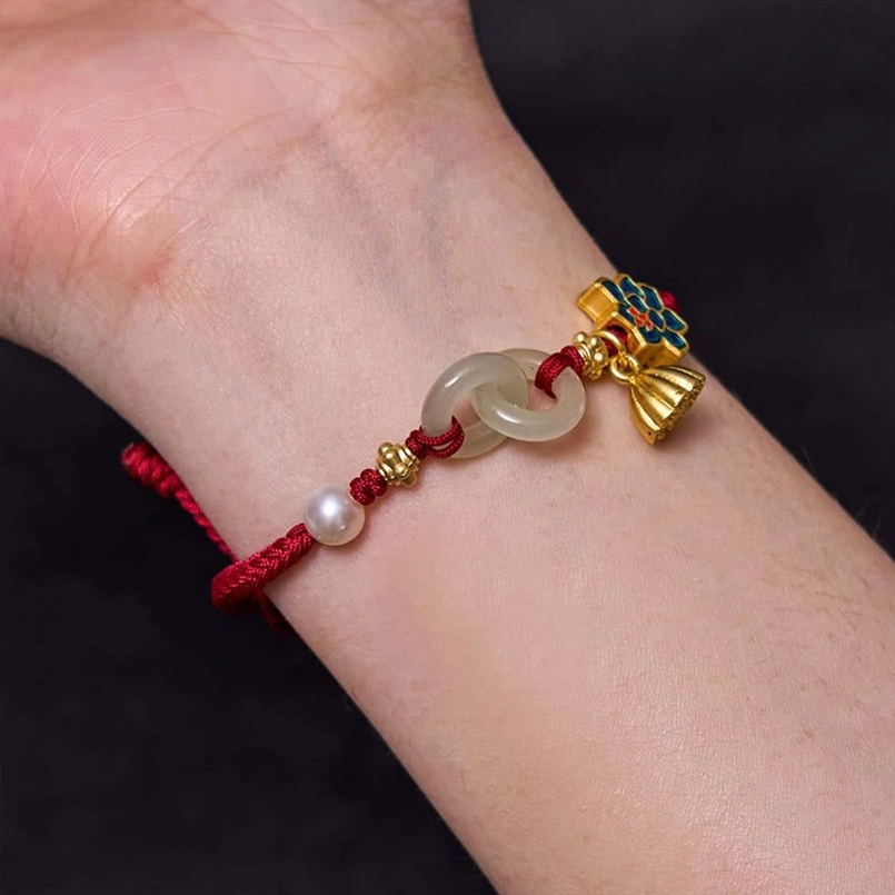 Hetian jade peace buckle lotus bracelet worn on wrist showing fit and comfort