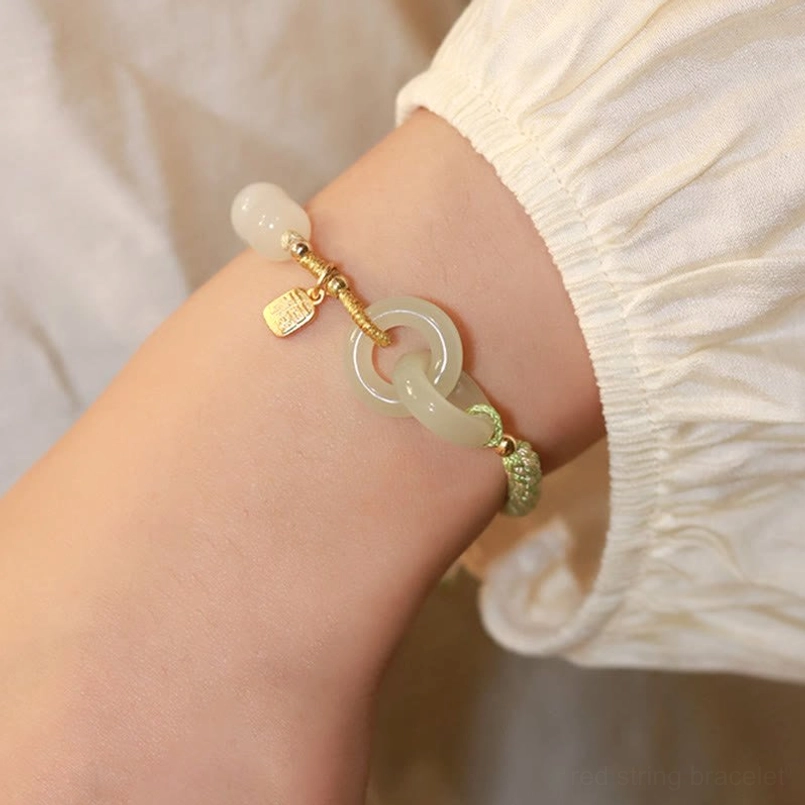 Hetian jade peace buckle bracelet with chalcedony accent beads and premium braided cord detail
