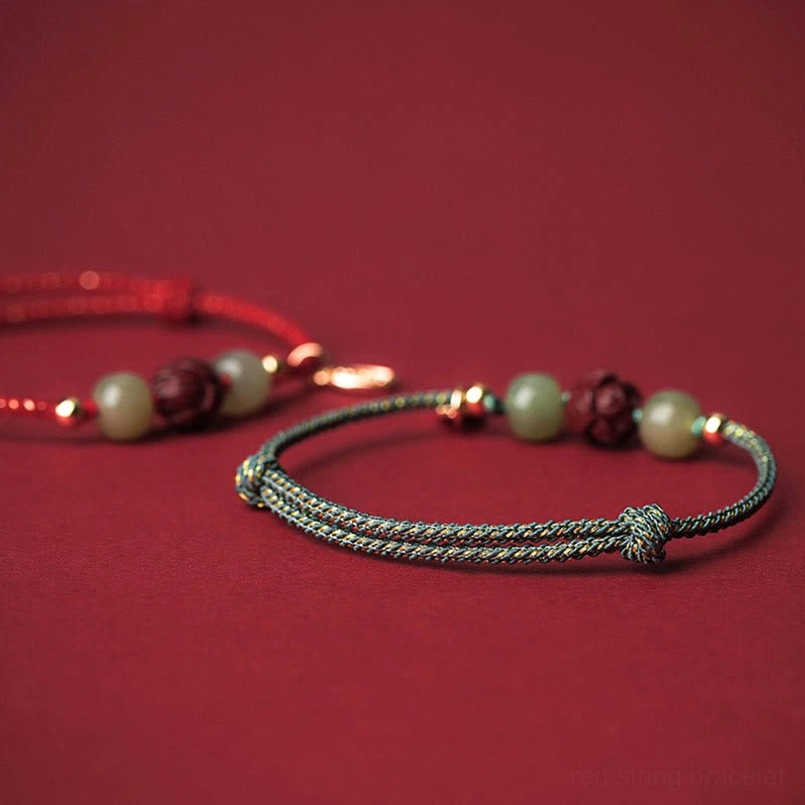 Red string Hetian jade bracelet with carved cinnabar lotus - 14K gold plated findings premium craft