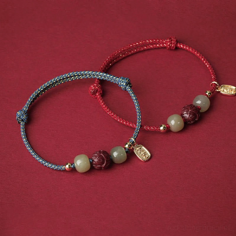 Hetian jade and cinnabar lotus red string bracelet - spiritual wellness and destiny symbol