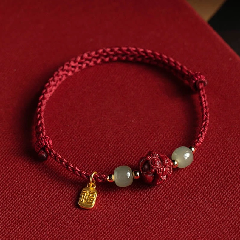 Hetian jade bead with cinnabar zodiac charm - Chinese luck bracelet component