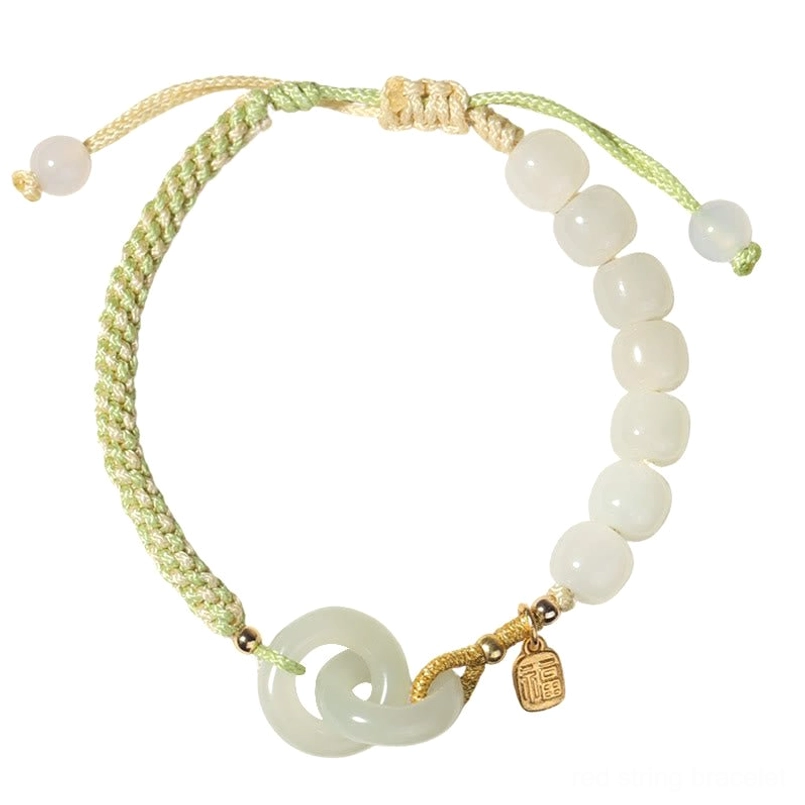 Hetian jade double peace buckle abundance bracelet with fu character protection amulet close-up
