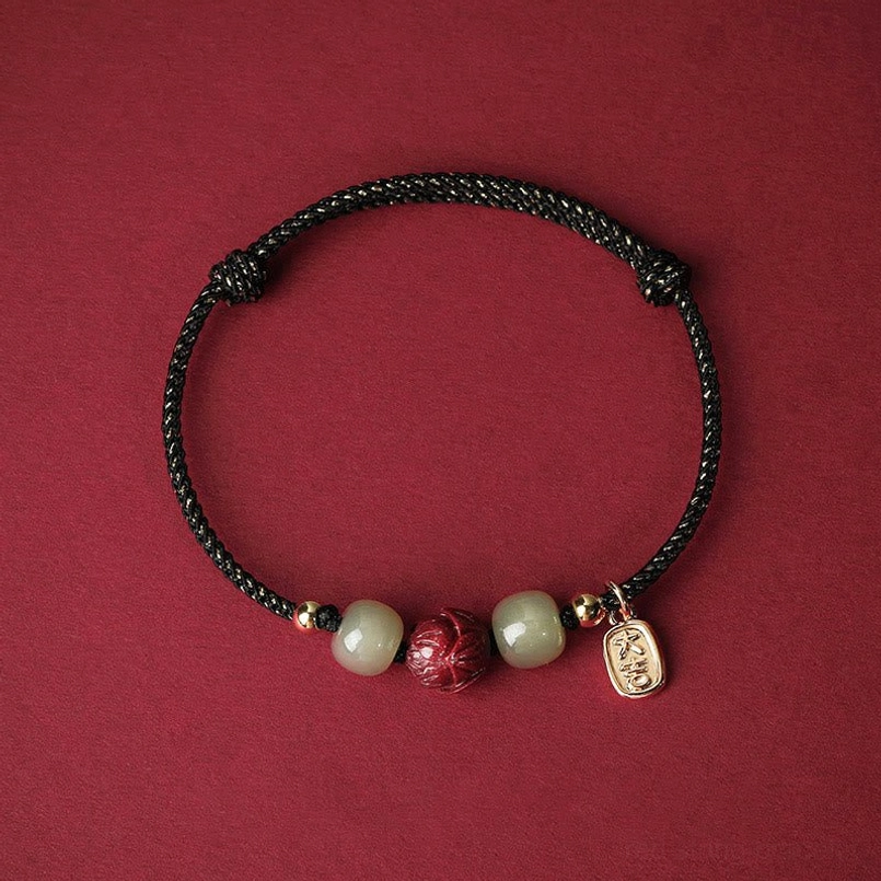 Black braided rope lucky bracelet with Hetian jade and cinnabar lotus bead - protective energy