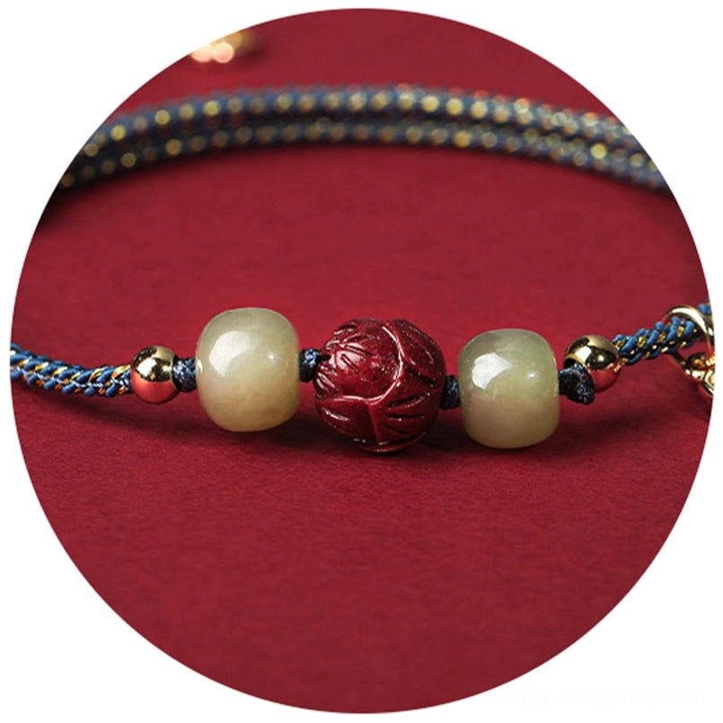 Red string Hetian jade cinnabar lotus bracelet handcrafted - prosperity and protection charm