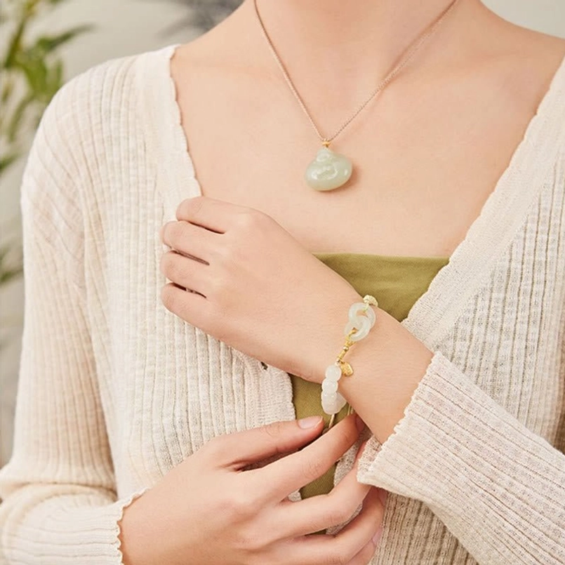 Hetian jade double peace buckle bracelet authentic natural stone with unique color variations handmade