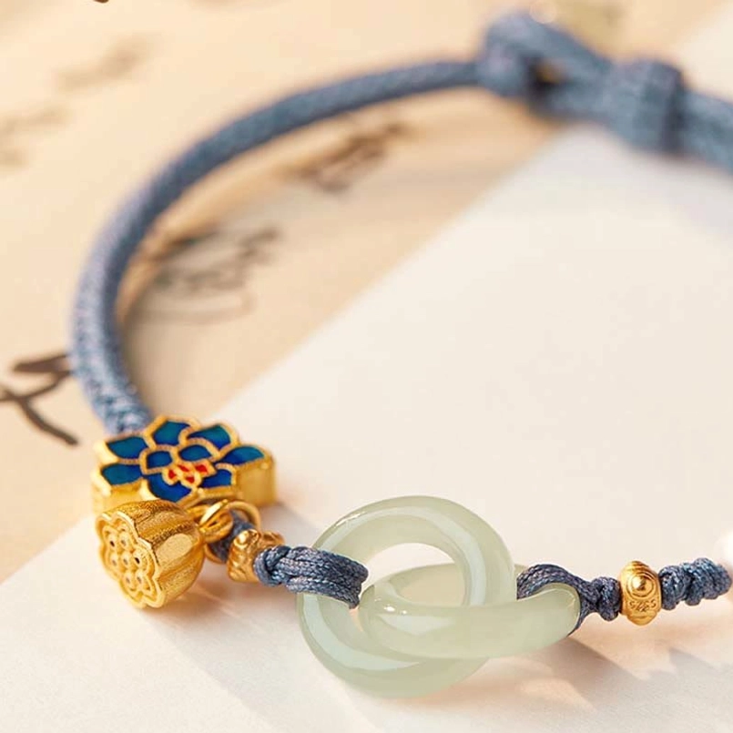 Hetian jade peace buckle bracelet color variation olive green with lotus charm