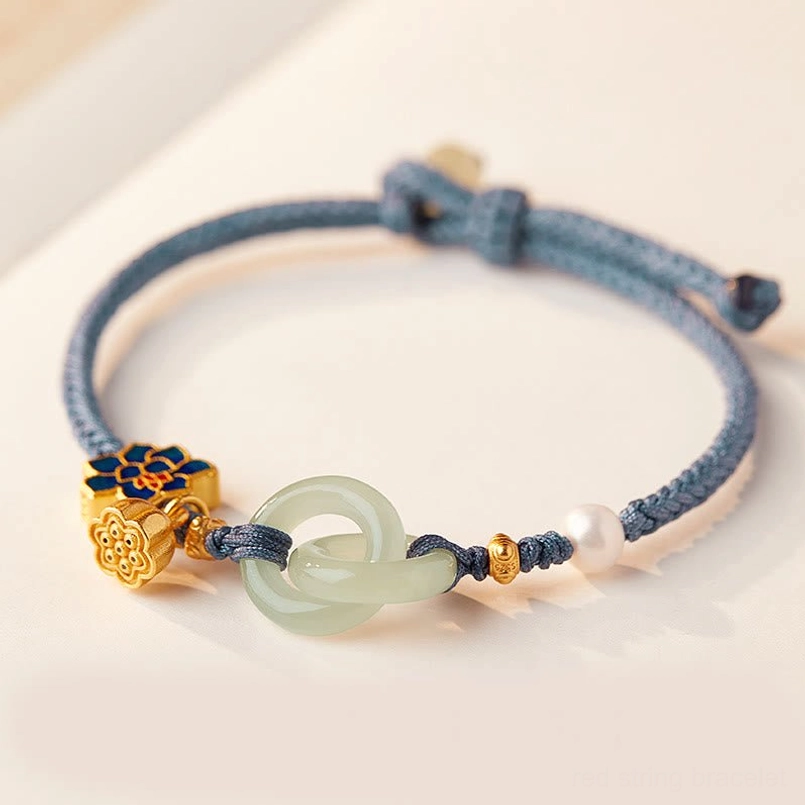 Blue braided Hetian jade peace buckle lotus fortune bracelet with copper charms