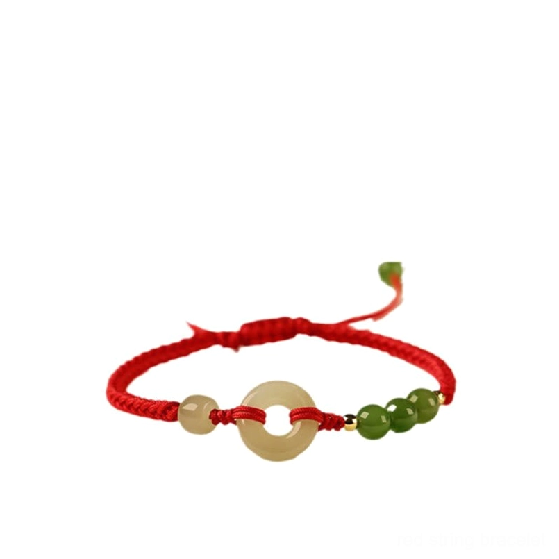 Hetian Jade Peace Buckle Red String Bracelet Flat Lay On White Background With Adjustable Knot