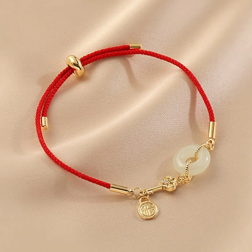 Hetian jade peace buckle red string bracelet with gold tube beads and polished hardware