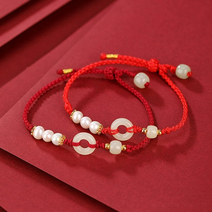 Pair of red string peace buckle bracelets with Hetian jade and pearl on red background