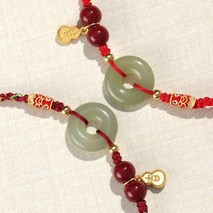 Hetian Jade Peace Buckle texture close up on protection bracelet