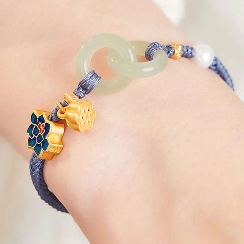 Premium Hetian jade peace buckle bracelet with pearl and gold lotus charm accents