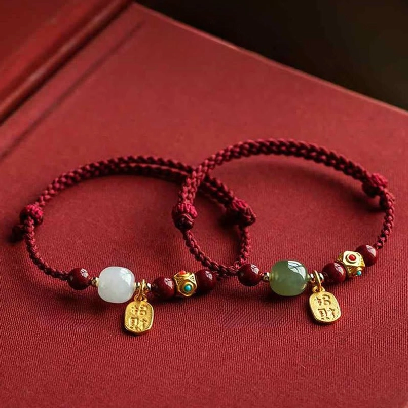 Fortune charm hetian jade bracelet with five-colored protection string artistic arrangement