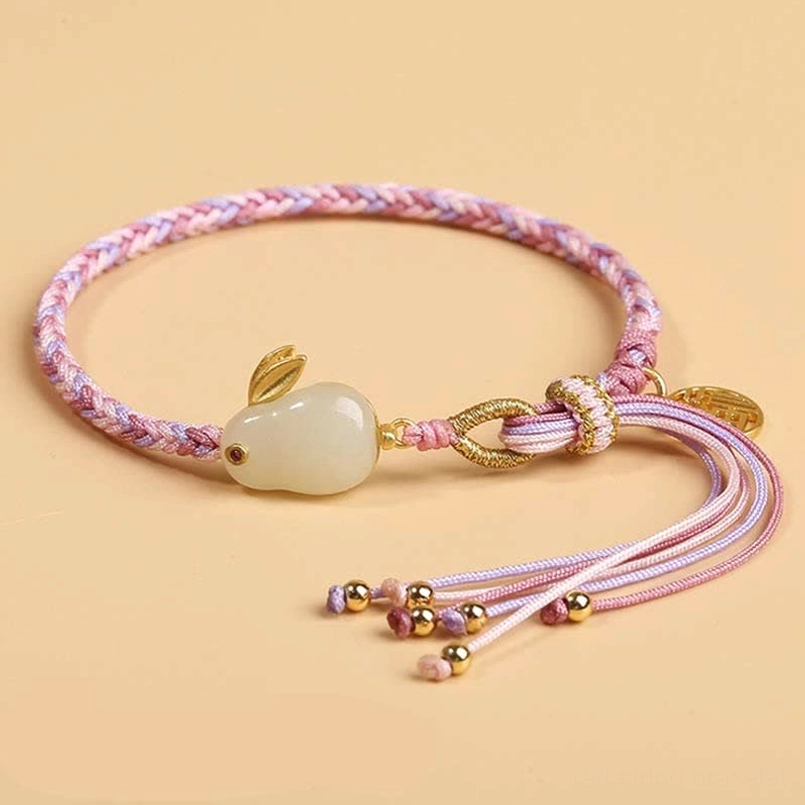 Hetian jade rabbit braid protective bracelet with intricately woven reincarnation knot and luck charm
