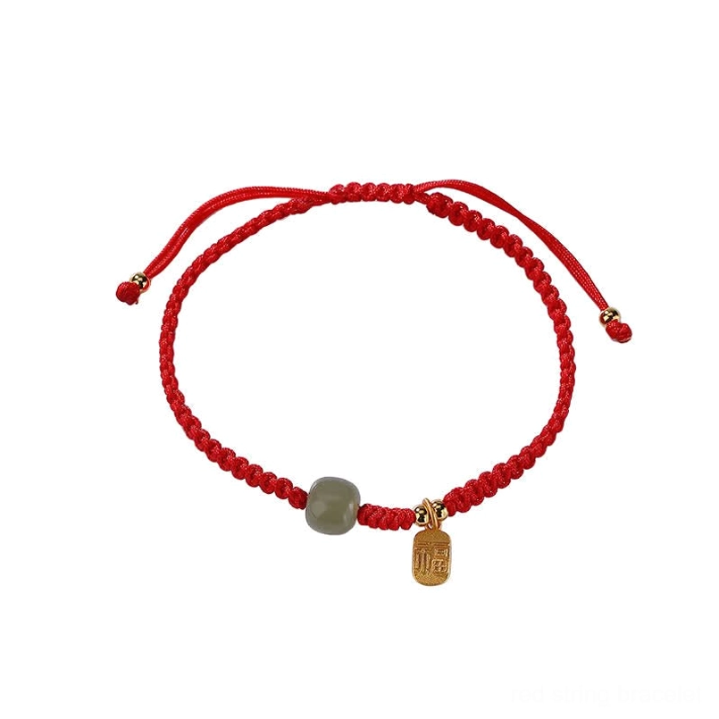 Minimalist red Hetian jade fortune bracelet with fu charm - white background product shot