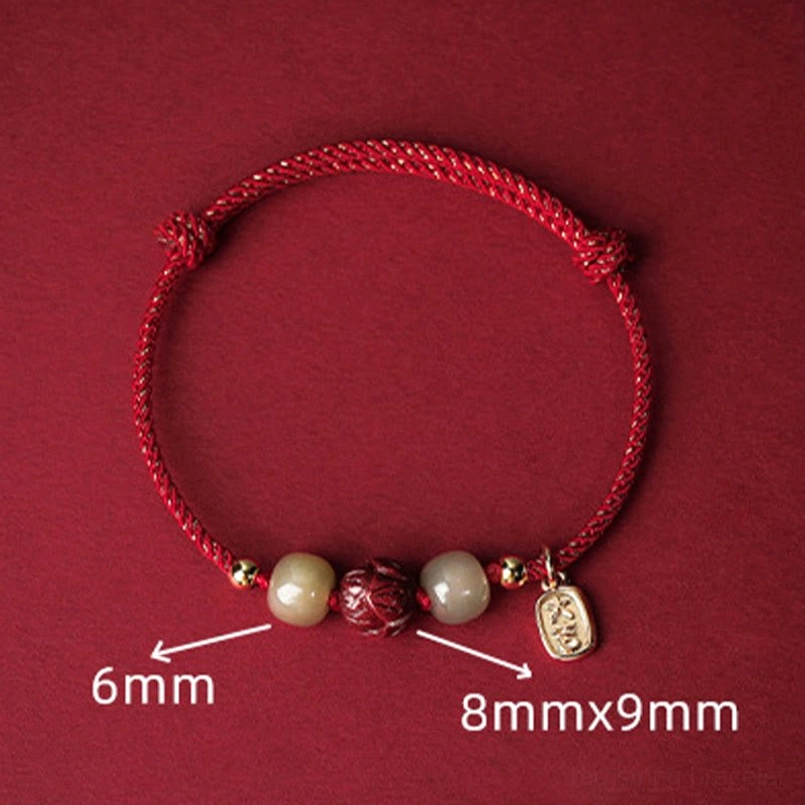 Red braided rope Hetian jade bracelet with bead size dimensions and 14K gold charm tag