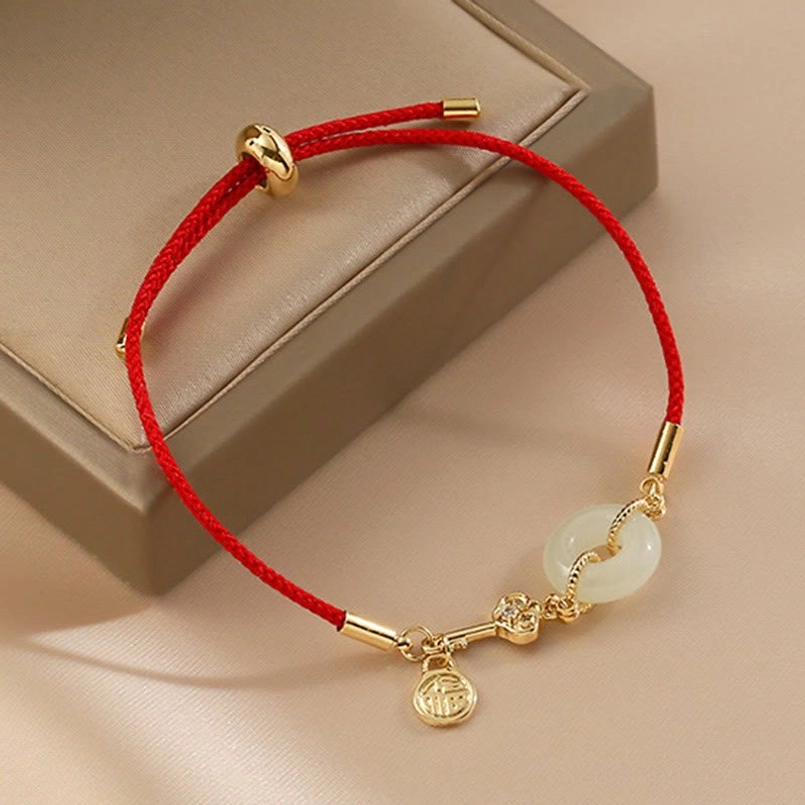 Hetian jade red string protection bracelet with Fu character symbol and peace buckle