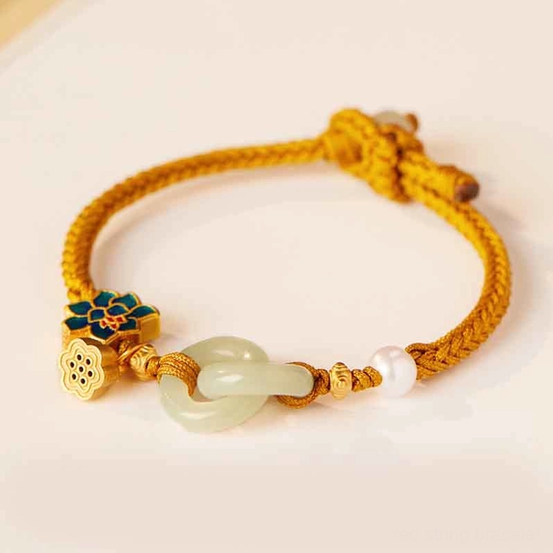 Yellow Hetian jade peace buckle fortune bracelet with braided rope and charms