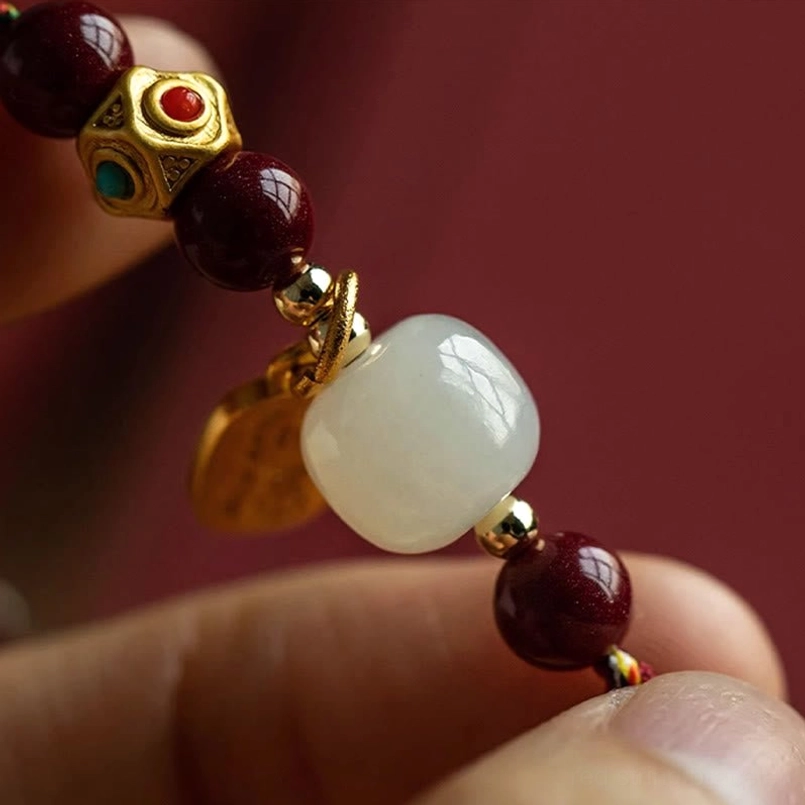 White hetian jade prosperity bracelet with five-colored blessed string detailed craftsmanship